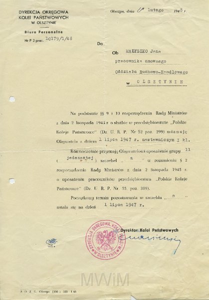 KKE 5654.jpg - Dok. Pismo z Dyrekcji Okręgowej Kolei Państwowych w Olsztynie do Jana Małyszko dotyczące awansu zawodowego, Olsztyn, 20 II 1948 r.